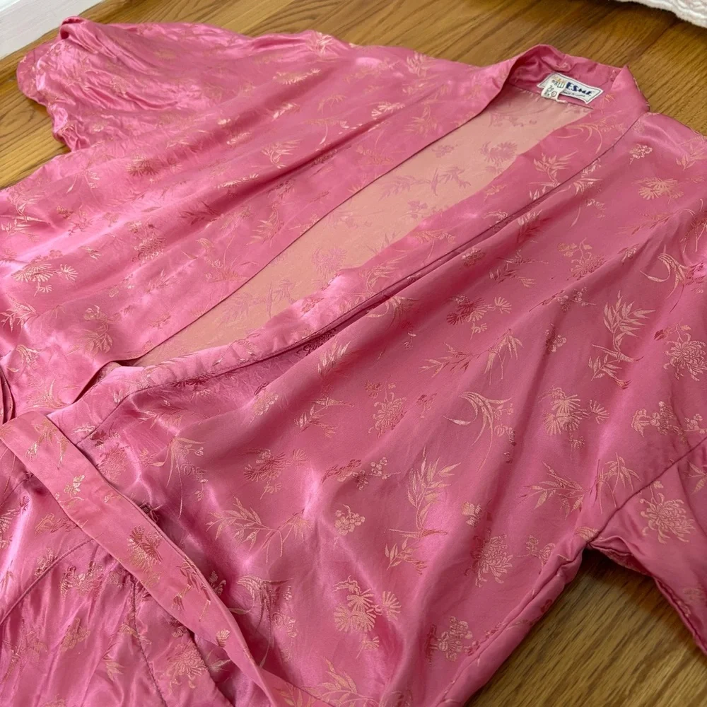 ESME Vintage Asian Oriental Embroidered Jacquard Long Silk Belted Kimono Robe M - Picture 16 of 16